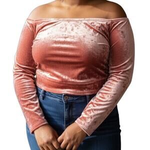 Yitty Plus Size 3X Pink Velvet Stretchy Long Sleeve Cropped Top Soft Luxe